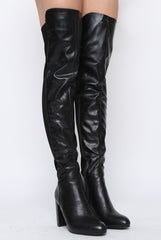 Black Patent Suede Panel Heeled Over The Knee Boots - Katerina-Boots