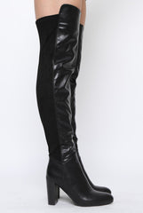 Black Patent Suede Panel Heeled Over The Knee Boots - Katerina-Boots
