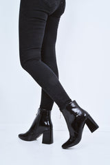 Black Patent Zip Front Ring Pull Block Heel Boots - Mischa-Boots