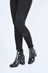 Black Patent Zip Front Ring Pull Block Heel Boots - Mischa-Boots