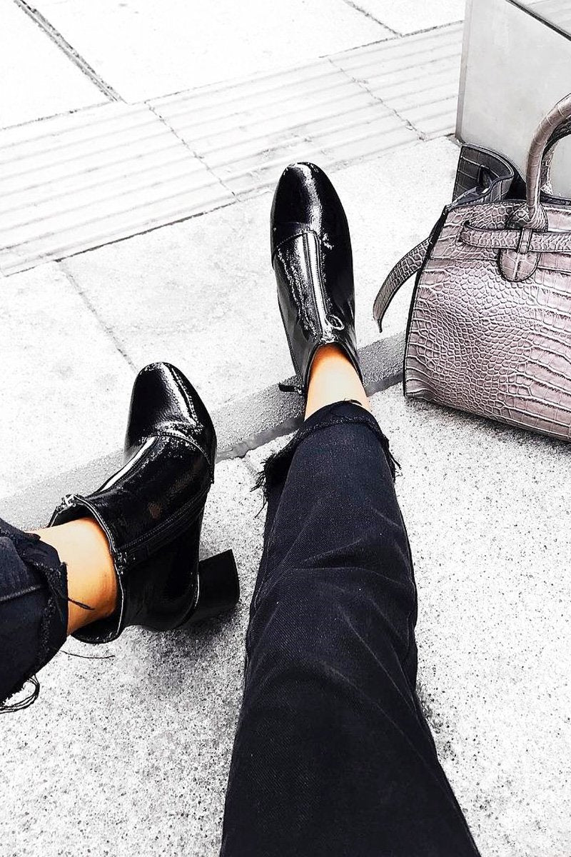 Black Patent Zip Front Ring Pull Block Heel Boots - Mischa-Boots