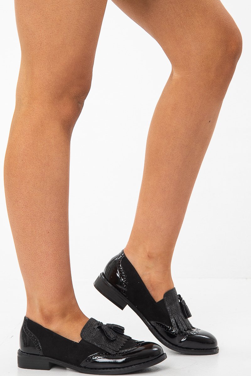 Black Patent and Croc effect Tassel Loafers - Lily-Flats