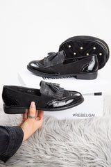 Black Patent and Croc effect Tassel Loafers - Lily-Flats