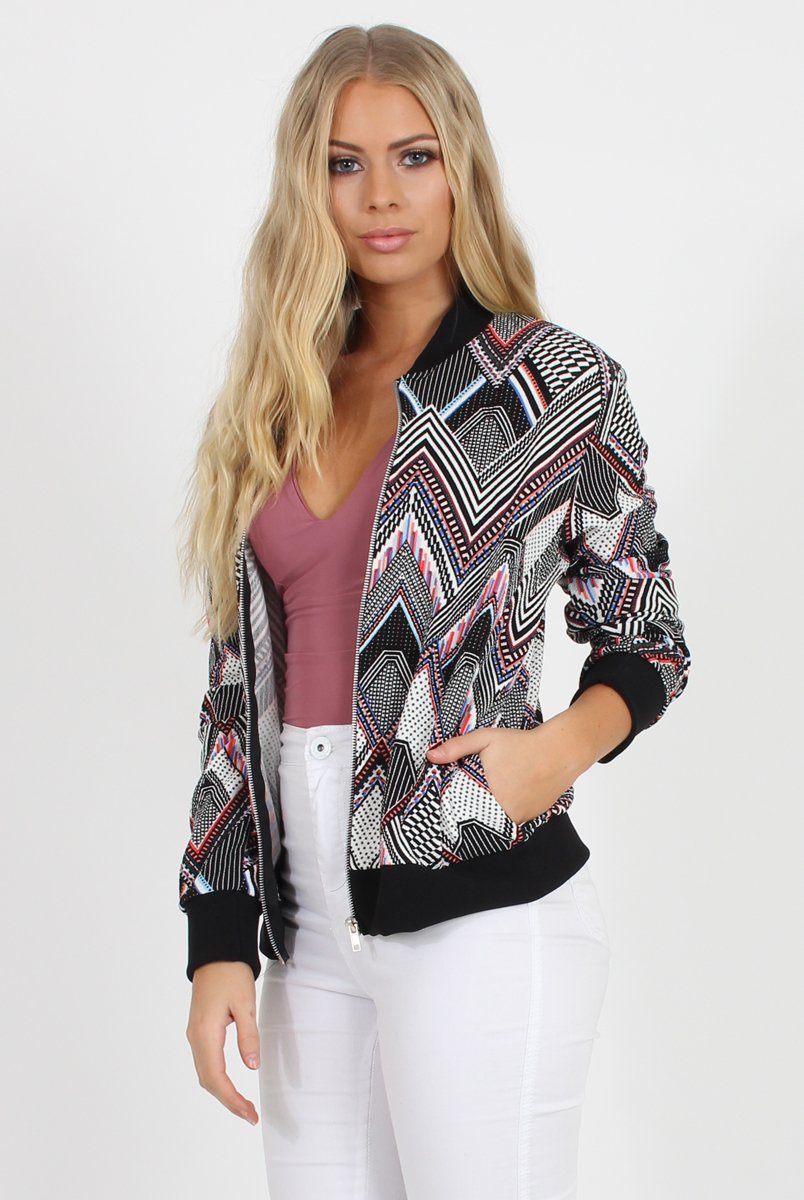 Black Patterned Bomber Jacket - Bianca-Jackets