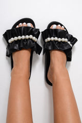 Black Pearl Detail Ruffle Sliders - Kahli-Sliders
