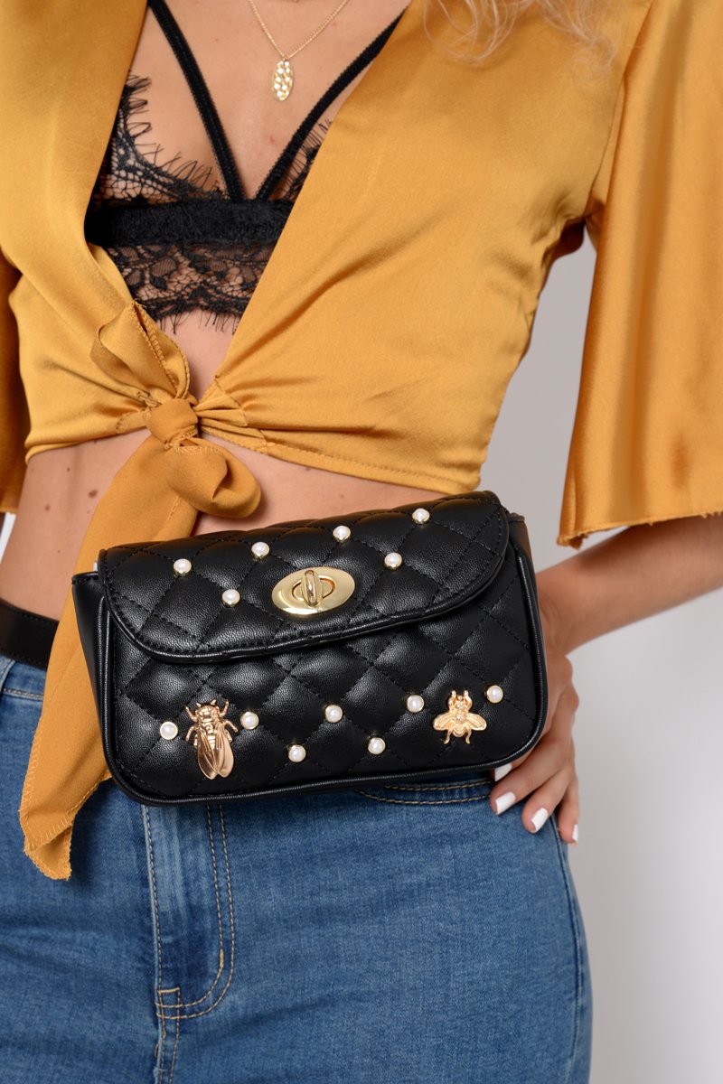 Black Pearl Studded Insect Bumbag - Folly-Bags
