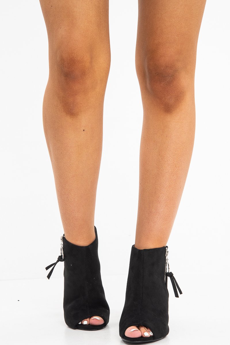 Black Peep Toe Cut Out Heel Block Heels - Crissie-Heels