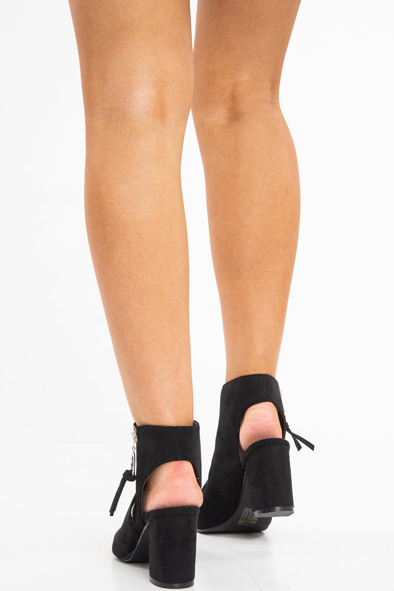 Black Peep Toe Cut Out Heel Block Heels - Crissie-Heels