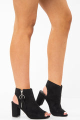 Black Peep Toe Cut Out Heel Block Heels - Crissie-Heels