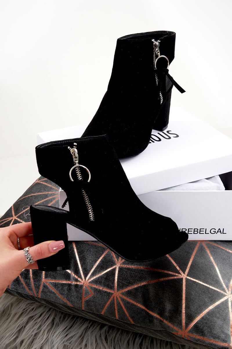 Black Peep Toe Cut Out Heel Block Heels - Crissie-Heels
