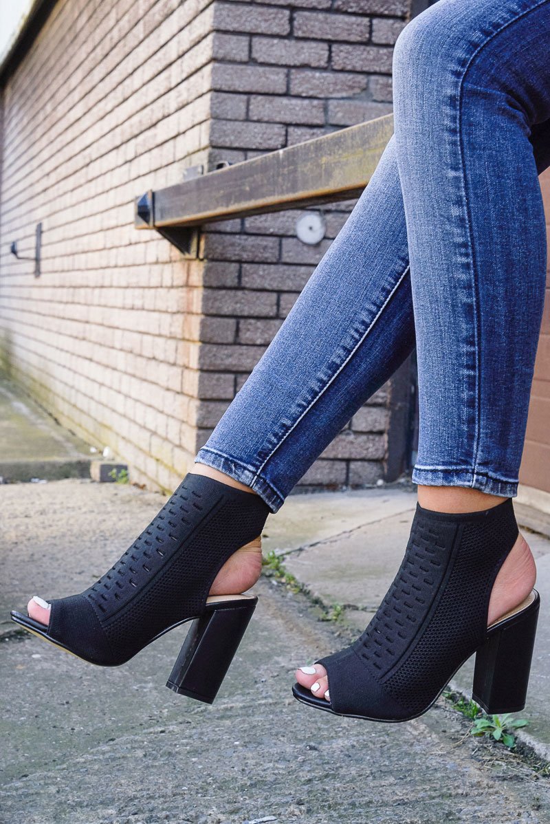 Black Peep Toe Knitted Block Heel Sock Boots Murielle