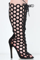 Black Peep Toe Lace Up Heels - Honey-Heels