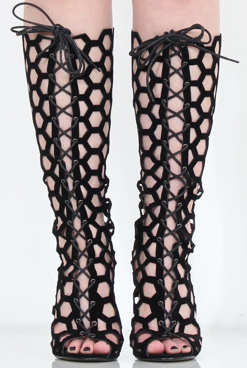 Black Peep Toe Lace Up Heels - Honey-Heels