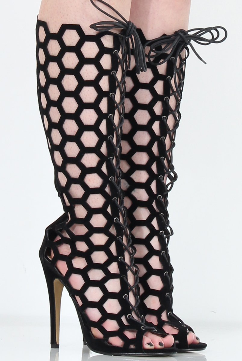 Black Peep Toe Lace Up Heels - Honey-Heels