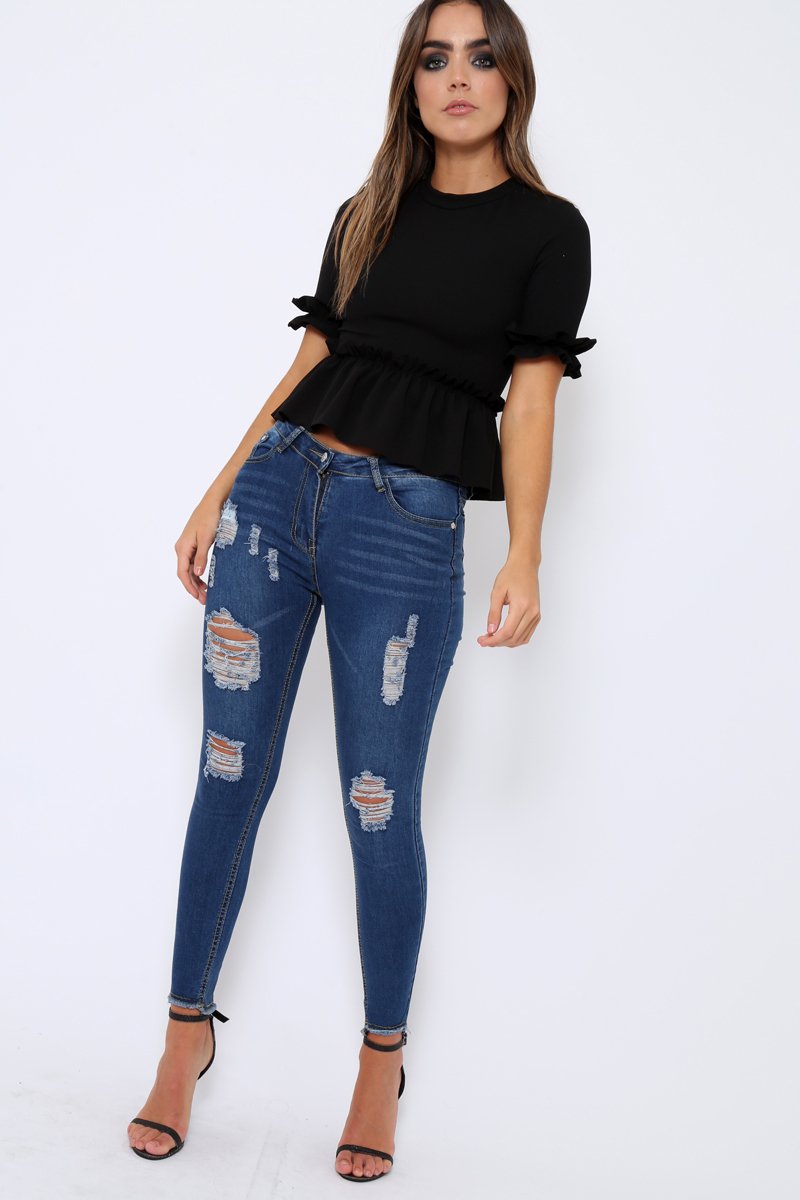 Black Peplum Frill Detail Top - Carly-Tops