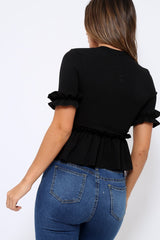 Black Peplum Frill Detail Top - Carly-Tops