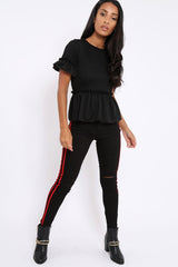 Black Peplum Frill Detail Top with Frill Sleeves - Gretta-Tops