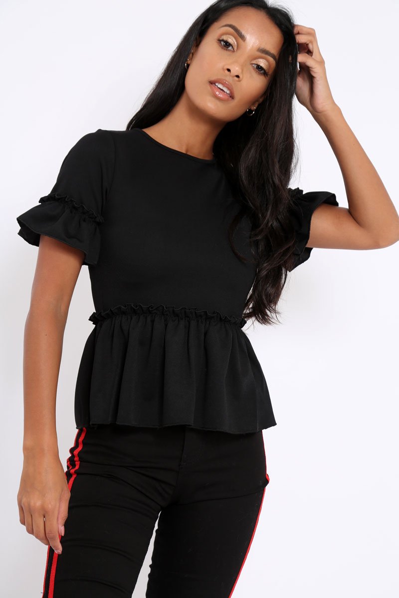 Black Peplum Frill Detail Top with Frill Sleeves - Gretta-Tops