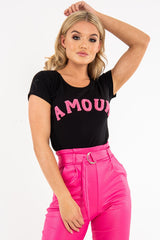 Black Pink Amour Textured Slogan Tee - Andelyn-T-shirt