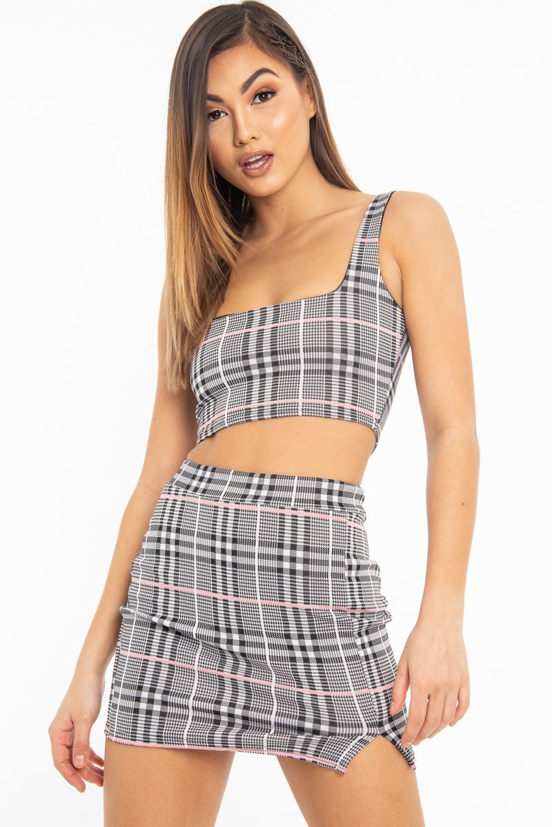 Black Pink Check Crop Top Skirt Co-Ord - Wylie-Co-ords
