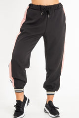 Black Pink Cuffed Hem Tie Waist Joggers - Kaci-Tracksuits