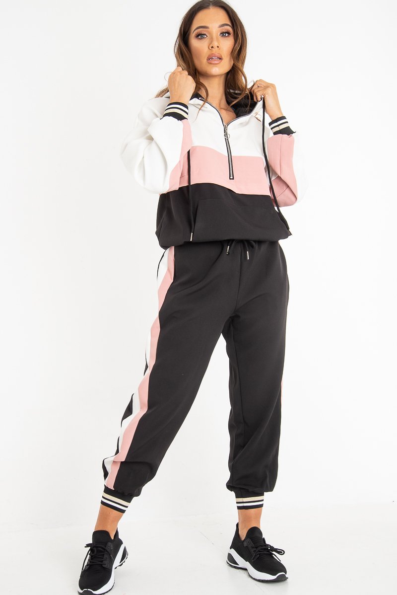 Black Pink Cuffed Hem Tie Waist Joggers - Kaci-Tracksuits