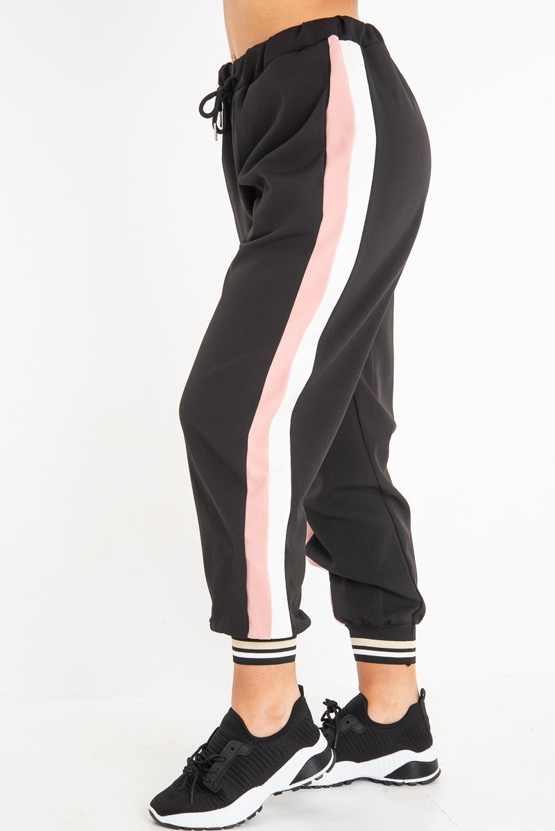 Black Pink Zip Front Drawstring Hoodie and Jogger Set - Evon-Tracksuits