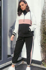 Black Pink Zip Front Drawstring Hoodie and Jogger Set - Evon-Tracksuits