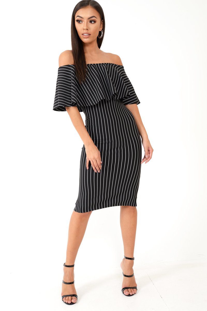 Black Pinstripe Frill Bardot Bodycon Midi Dress -Jovey-Dresses