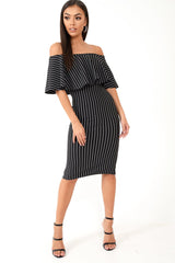 Black Pinstripe Frill Bardot Bodycon Midi Dress -Jovey-Dresses