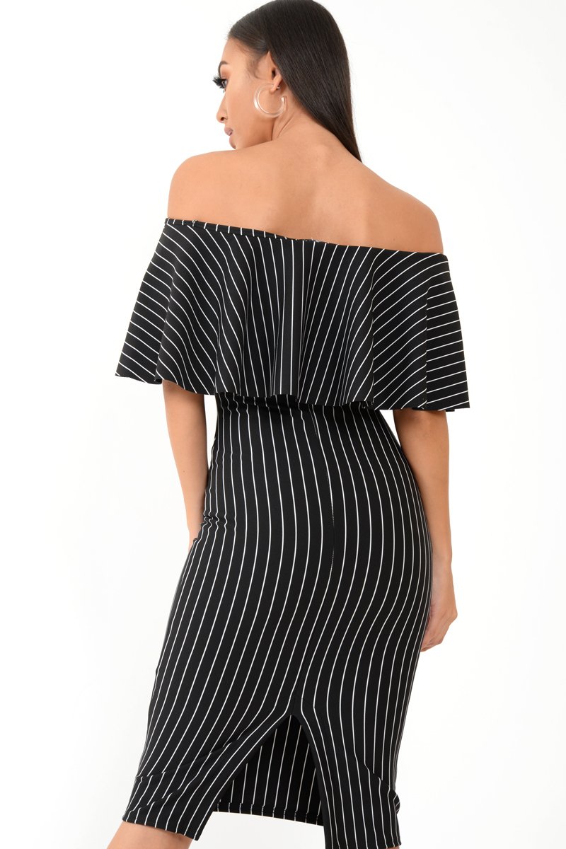 Black Pinstripe Frill Bardot Bodycon Midi Dress -Jovey-Dresses