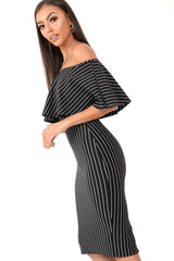 Black Pinstripe Frill Bardot Bodycon Midi Dress -Jovey-Dresses
