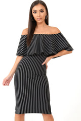 Black Pinstripe Frill Bardot Bodycon Midi Dress -Jovey-Dresses