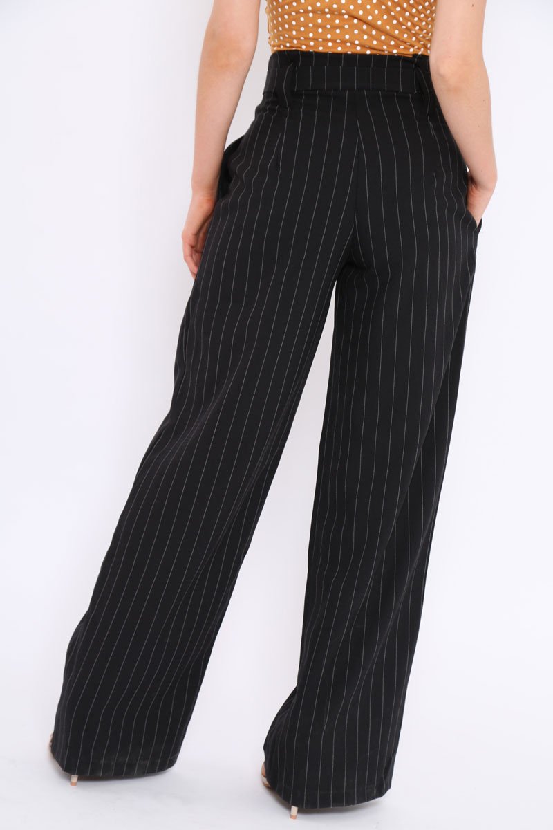 Black Pinstripe High Waist Tailored Trousers - Ginni-Trousers