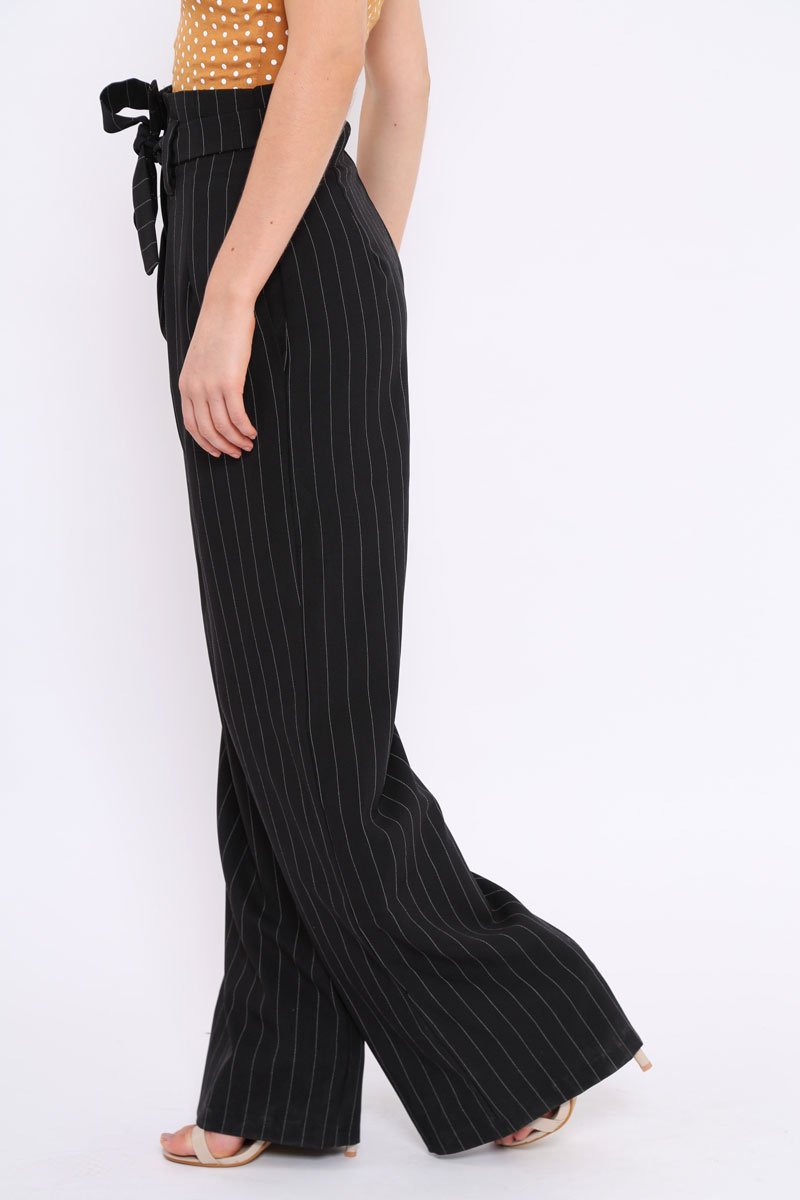 Black Pinstripe High Waist Tailored Trousers - Ginni-Trousers
