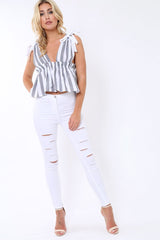 Black Pinstripe Plunge Blouse - Seraphina-Tops