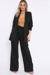 Black Pinstripe Ruched Sleeve Blazer - Romelia-Jackets