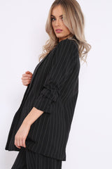 Black Pinstripe Ruched Sleeve Blazer - Romelia-Jackets