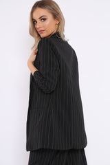 Black Pinstripe Ruched Sleeve Blazer - Romelia-Jackets