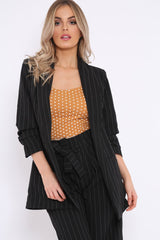 Black Pinstripe Ruched Sleeve Blazer - Romelia-Jackets