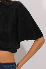 Black Pleated Batwing Crop Top - Mellony-Crop Tops