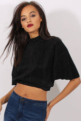 Black Pleated Batwing Crop Top - Mellony-Crop Tops