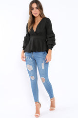 Black Pleated Dip Hem Top - Avah-Tops