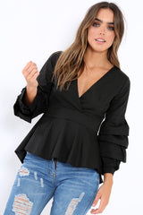 Black Pleated Dip Hem Top - Avah-Tops