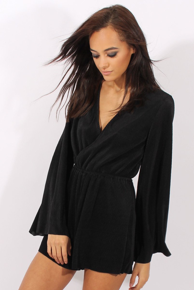 Black Pleated Flared Sleeve Playsuit - Amity-Playsuits