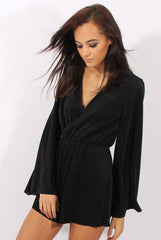 Black Pleated Flared Sleeve Playsuit - Amity-Playsuits