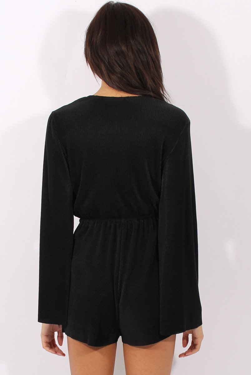 Black Pleated Flared Sleeve Playsuit - Amity-Playsuits