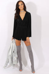 Black Pleated Flared Sleeve Playsuit - Amity-Playsuits