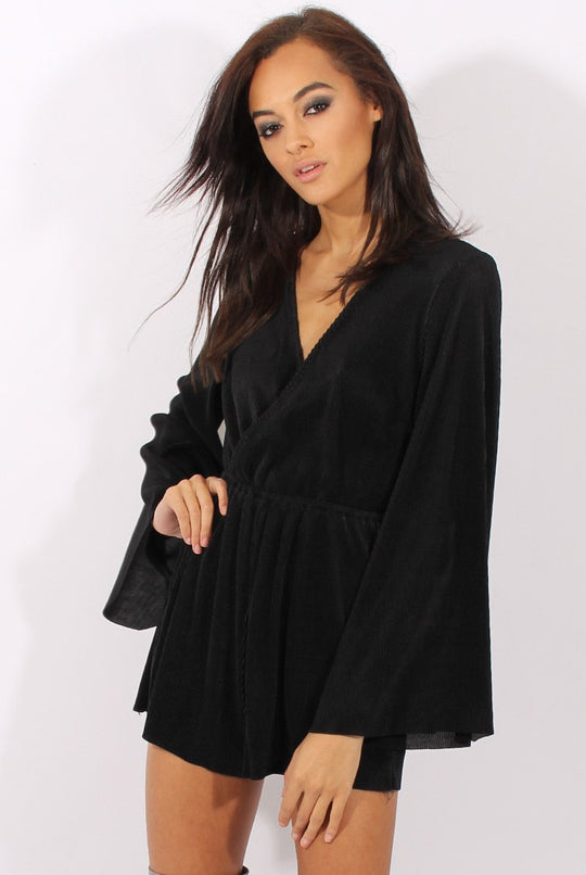 Black Pleated Flared Sleeve Playsuit - Amity