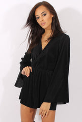 Black Pleated Flared Sleeve Playsuit - Amity-Playsuits